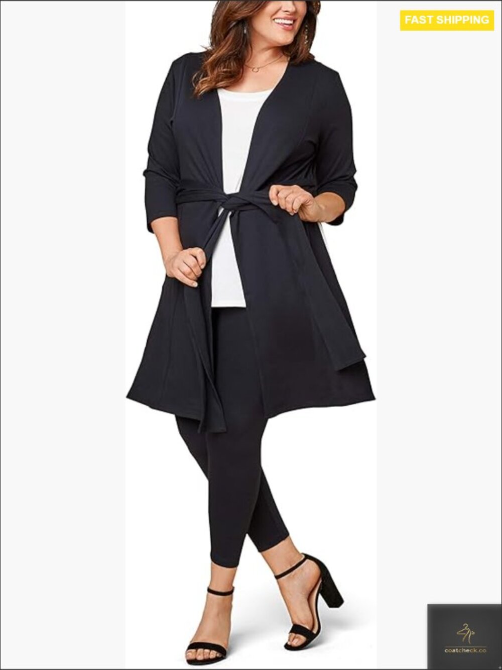 Open Front Long Cardigan Sweater Stretch Ponte Knit Plus Size 3/4 Sleeve Tie